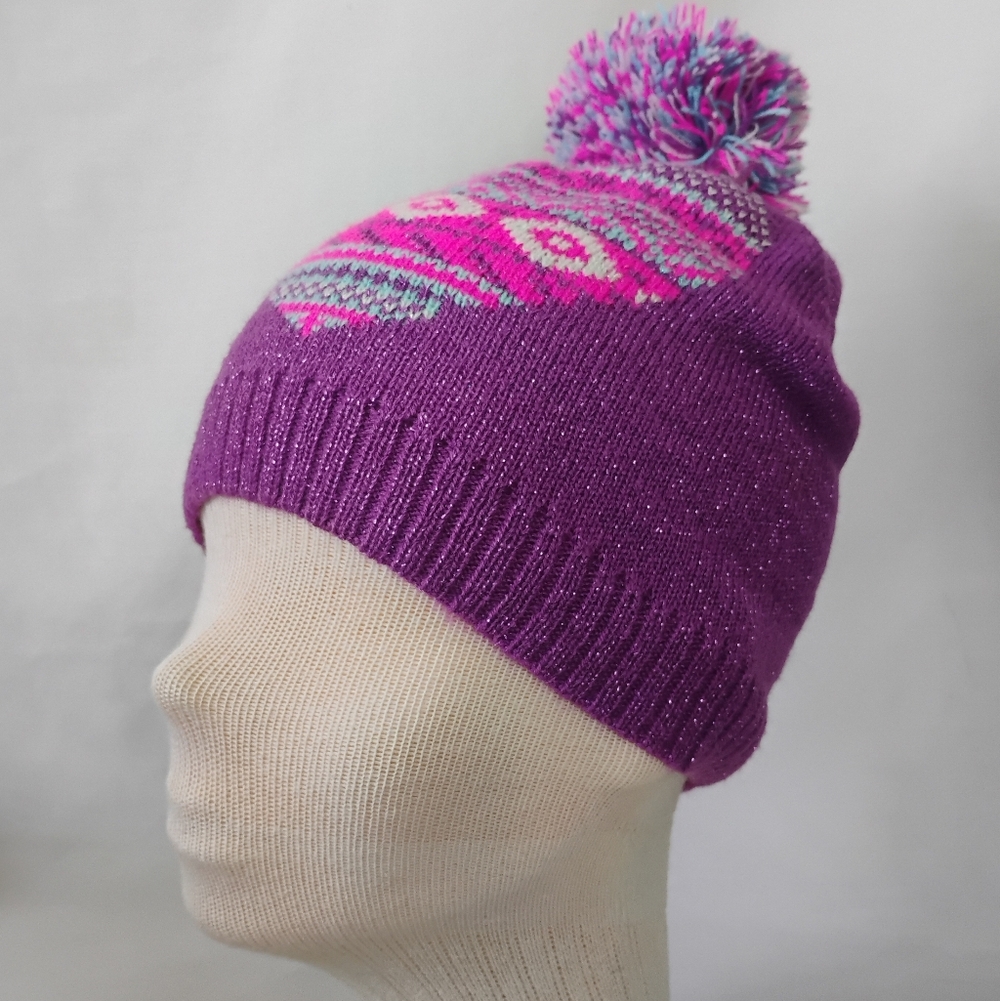 Girls / Kids TOBY Purple & Pink Heart Sparkle Pom Pom Winter Hat Warm Beanie